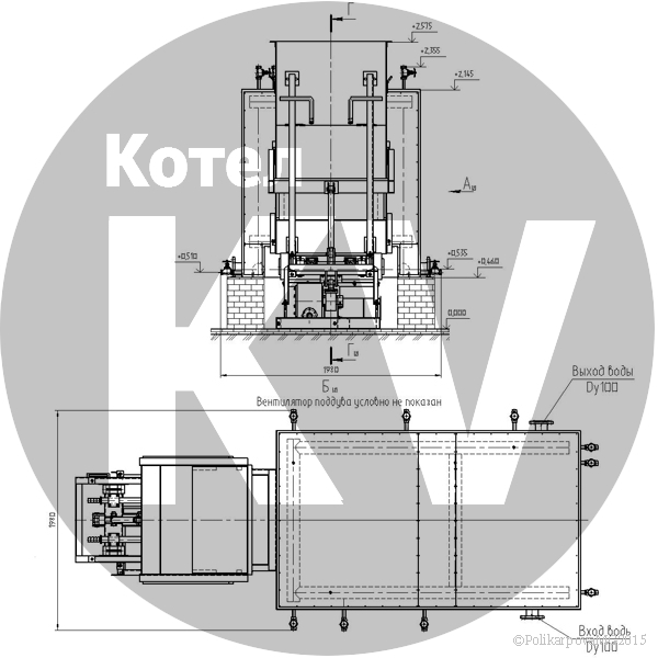 Чертеж котла 800 КВт с топкой ТШПМ общий вид