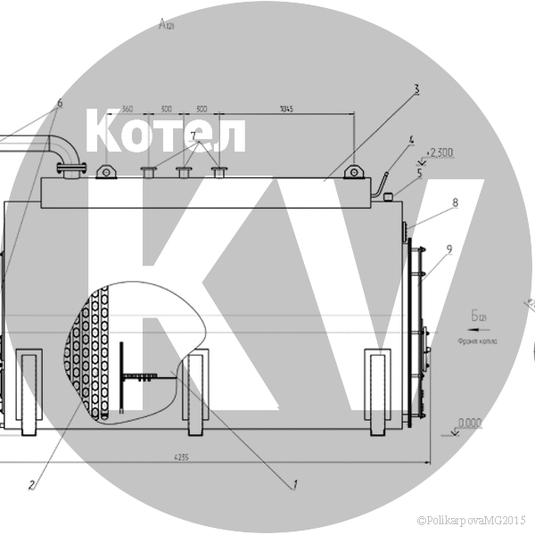 Чертеж парового котла КВ 1000 угольного вид сбоку