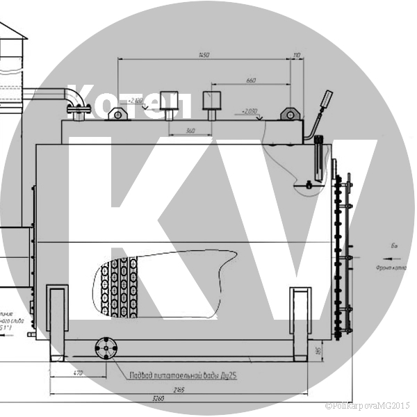 Чертеж парового котла КВ 500 угольного вид сбоку