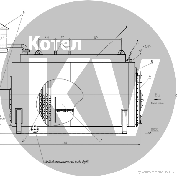 Чертеж парового котла КВ 700 угольного вид сбоку